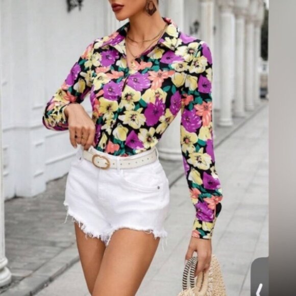 Tops - VCAY Full Floral Printed Long Sleeve Women'S Shirt size  S new without tag
